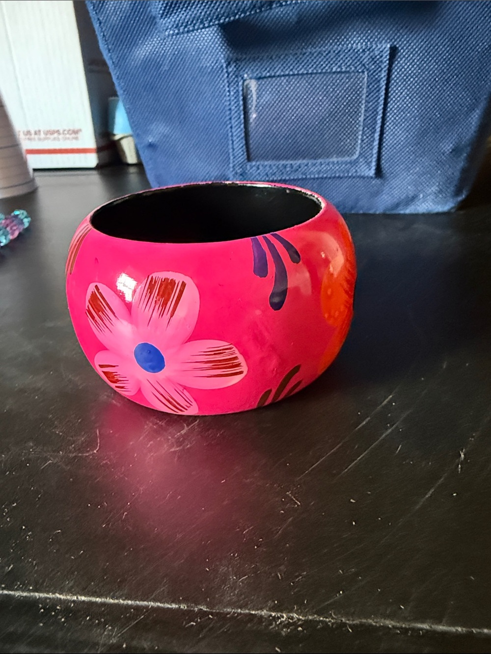 Hand-Painted Pink Floral Bangle Bracelet